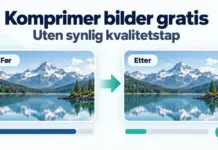 Komprimere bilder gratis uten å miste kvalitet Illustrasjon av et fjellandskap før og etter bildekomprimering, med samme synlige kvalitet og en mindre filstørrelse etter komprimering.