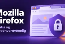 Mozilla Firefox – gratis og personvernvennlig nettleser Illustrasjon av et nettleservindu med skjold og hengelås ved siden av teksten «Mozilla Firefox – Gratis og personvernvennlig».