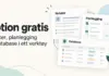 Notion gratis – notater, planlegging og database i ett verktøy Illustrasjon med teksten «Notion gratis» og kort som viser notater, planlegging og en database samlet i ett verktøy.