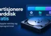 Partisjonere harddisk gratis – med innebygde verktøy og gratisprogrammer Illustrasjon av en harddisk med tre partisjoner merket System, Filer og Sikkerhetskopi, og teksten «Partisjonere harddisk gratis».