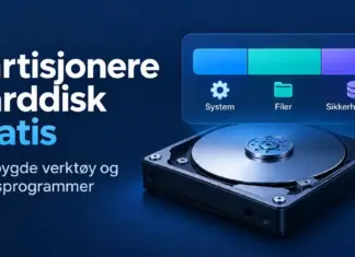 Partisjonere harddisk gratis – med innebygde verktøy og gratisprogrammer Illustrasjon av en harddisk med tre partisjoner merket System, Filer og Sikkerhetskopi, og teksten «Partisjonere harddisk gratis».
