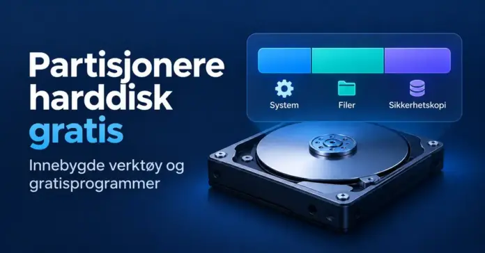 Partisjonere harddisk gratis – med innebygde verktøy og gratisprogrammer Illustrasjon av en harddisk med tre partisjoner merket System, Filer og Sikkerhetskopi, og teksten «Partisjonere harddisk gratis».