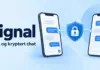 Signal meldingsapp: gratis og kryptert chat forklart Illustrasjon av to mobiltelefoner med snakkebobler og en hengelås på et skjold, ved siden av teksten «Signal – Gratis og kryptert chat».