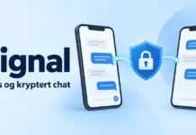 Signal meldingsapp: gratis og kryptert chat forklart Illustrasjon av to mobiltelefoner med snakkebobler og en hengelås på et skjold, ved siden av teksten «Signal – Gratis og kryptert chat».