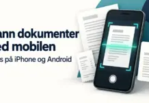 Skanne dokument med mobil: slik gjør du det gratis på iPhone og Android Illustrasjon av en mobiltelefon som skanner et dokument, med en kvittering og teksten «Skann dokumenter med mobilen – Gratis på iPhone og Android».