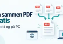 Slå sammen PDF gratis – på nett og på PC Illustrasjon av tre PDF-dokumenter som slås sammen til én fil, med symboler for nettleser og PC og teksten «Slå sammen PDF gratis – På nett og på PC».