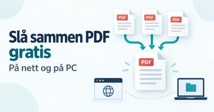 Illustrasjon av tre PDF-dokumenter som slås sammen til én fil, med symboler for nettleser og PC og teksten «Slå sammen PDF gratis – På nett og på PC».