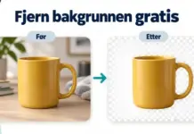 Slik fjerner du bakgrunnen fra et bilde gratis En gul kopp vises før og etter at bakgrunnen er fjernet, med et rutemønster som illustrerer gjennomsiktighet.