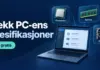 Slik sjekker du PC-ens spesifikasjoner gratis (CPU, RAM og grafikkort) Illustrasjon av en bærbar PC med prosessor, minne og grafikkort, og teksten «Sjekk PC-ens spesifikasjoner – Helt gratis».