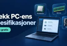 Slik sjekker du PC-ens spesifikasjoner gratis (CPU, RAM og grafikkort) Illustrasjon av en bærbar PC med prosessor, minne og grafikkort, og teksten «Sjekk PC-ens spesifikasjoner – Helt gratis».
