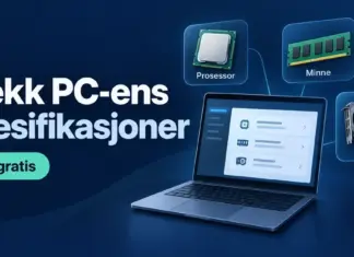 Slik sjekker du PC-ens spesifikasjoner gratis (CPU, RAM og grafikkort) Illustrasjon av en bærbar PC med prosessor, minne og grafikkort, og teksten «Sjekk PC-ens spesifikasjoner – Helt gratis».