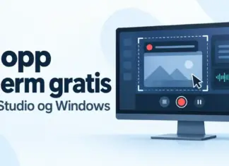 Ta opp skjerm gratis – OBS Studio og innebygde Windows-verktøy Illustrasjon av en dataskjerm med opptaksknapp, markert opptaksområde og lydbølge, ved siden av teksten «Ta opp skjerm gratis – OBS Studio og Windows».