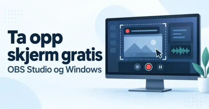 Illustrasjon av en dataskjerm med opptaksknapp, markert opptaksområde og lydbølge, ved siden av teksten «Ta opp skjerm gratis – OBS Studio og Windows».