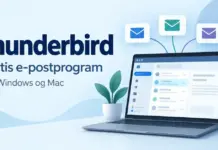 Thunderbird – gratis e-postprogram for Windows og Mac Illustrasjon av en bærbar datamaskin med innboks og svevende konvolutter ved siden av teksten «Thunderbird – Gratis e-postprogram – For Windows og Mac».