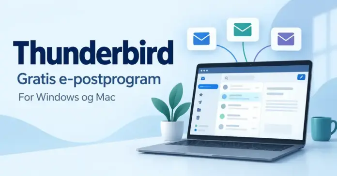 Illustrasjon av en bærbar datamaskin med innboks og svevende konvolutter ved siden av teksten «Thunderbird – Gratis e-postprogram – For Windows og Mac».