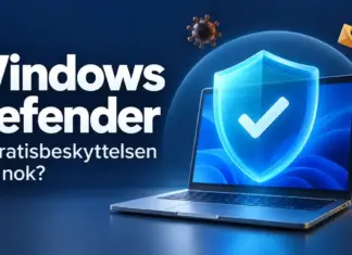 Windows Defender – er den innebygde gratisbeskyttelsen god nok? En bærbar PC med et blått beskyttelsesskjold omgitt av symboler for virus og nettsvindel, med teksten «Windows Defender – Er gratisbeskyttelsen god nok?».