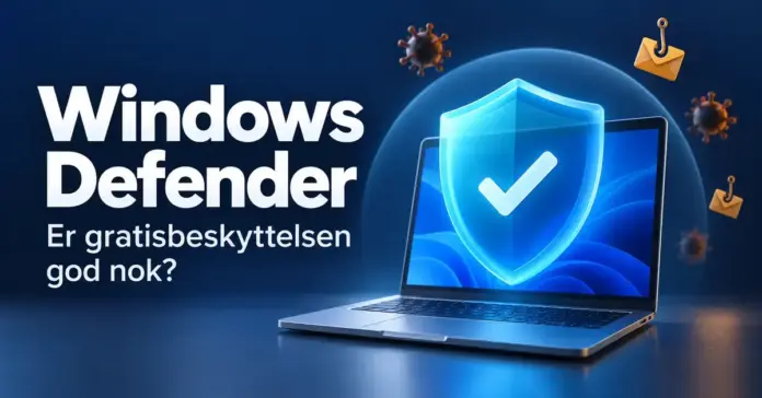 En bærbar PC med et blått beskyttelsesskjold omgitt av symboler for virus og nettsvindel, med teksten «Windows Defender – Er gratisbeskyttelsen god nok?».